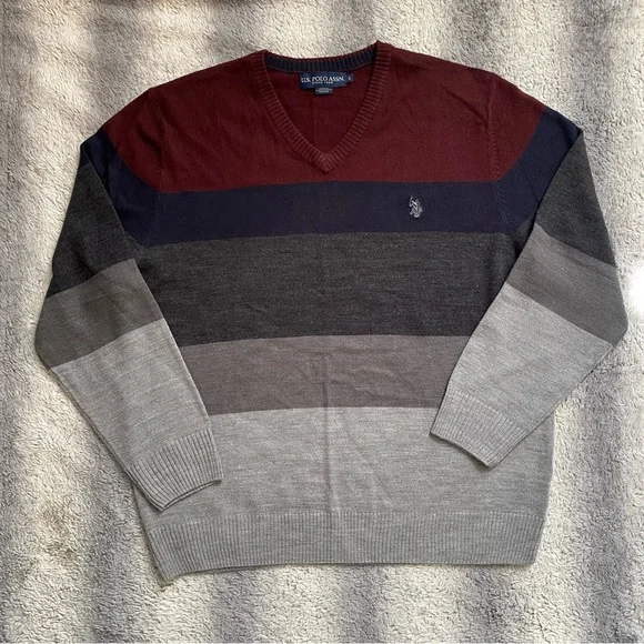 U.S. Polo Assn V Neck Sweater Mens Large Maroon Blue Grey - Picture 1 of 6